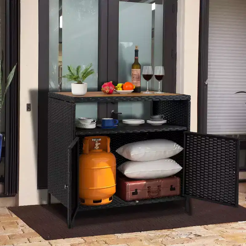 Garvee Patio Outdoor Wicker Storage Cabinet with Shelf,Powder Coated Steel,Patio Bar Table with 2-Door,All Weather Resin Wicker