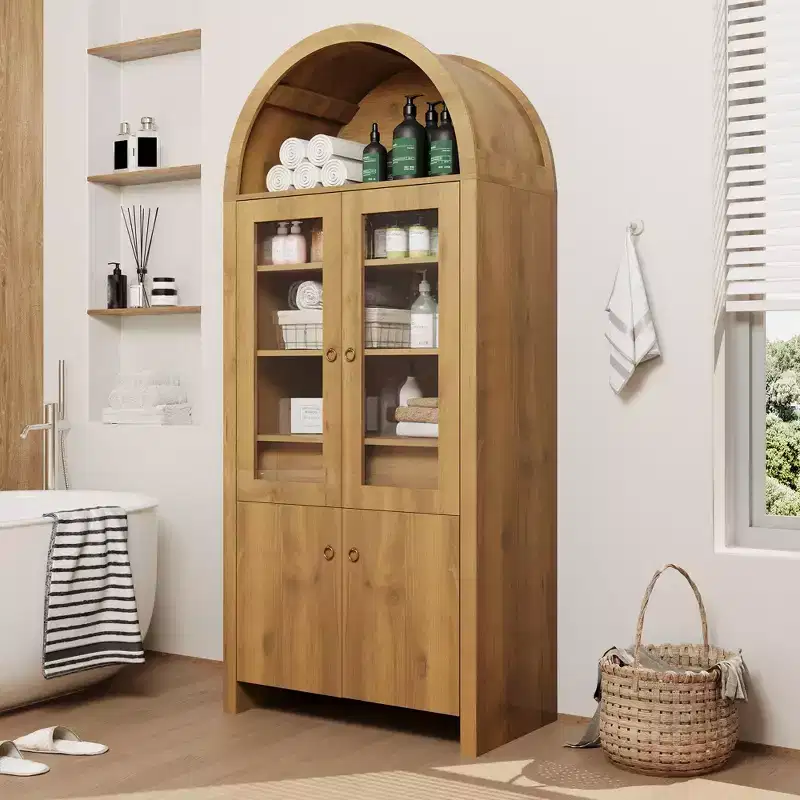 71 Inch Tall Arched Kitchen Pantry Cabinet, Farmhouse Living Room Storage Cabinet with Drawer, Shelves & Glass Doors, for Dining Room Apartment