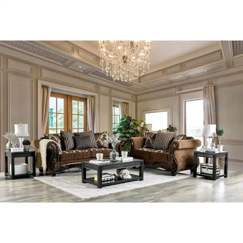 Pora Traditional Brown Chenille Upholstered Rolled Arms Sofa by Furniture of America