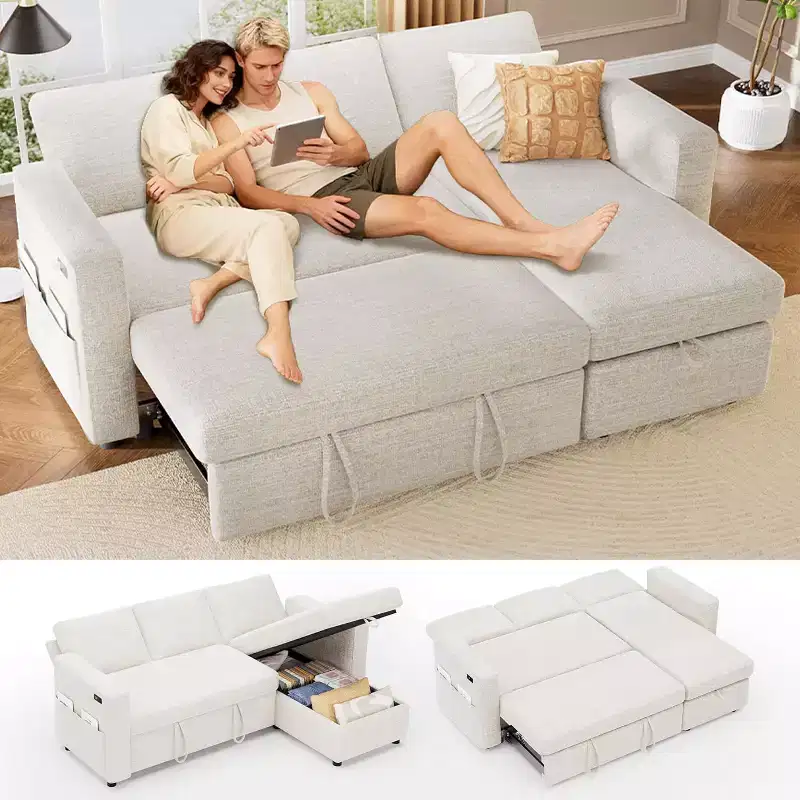 Dyonery 81 L Shaped Sectional Sleeper Sofa Bed with Pull Out Bed 4 in 1 with Storage Chaise,USB Ports,Side Pocke for Living Room