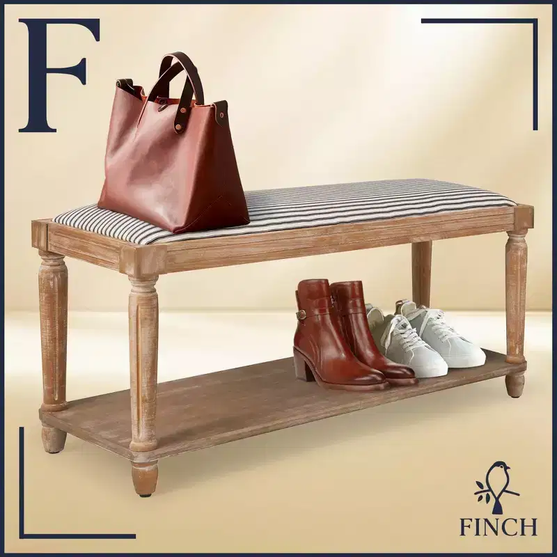 Upholstered Bench Distressed Natural: Cottage Style, Storage Shelf, Polyester Upholstery, Wood Frame