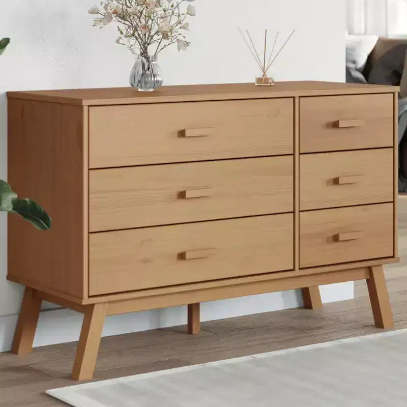6-Drawer Solid Pine Wood Dresser Cabinet, Brown, Scandinavian Style