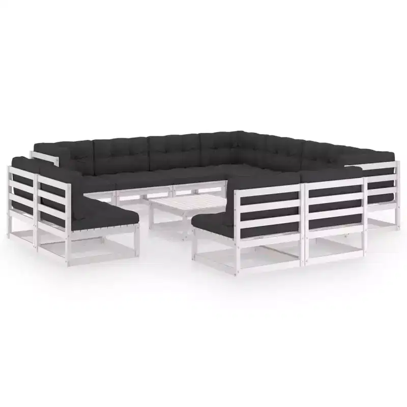 vidaXL White Solid Pinewood Patio Lounge Set, Rustic Charm Outdoor Furniture with Cushions - 12 Piece Set - Stable, Durable-Retro Style