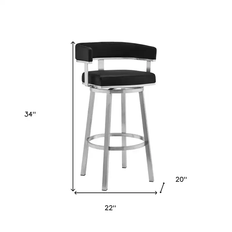 HomeRoots 26 Black And Silver Faux Leather And Iron Swivel Low Back Counter Height Bar Chair