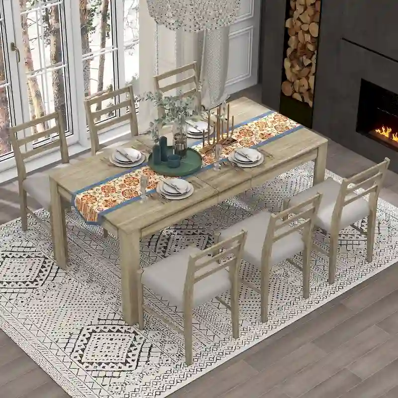 7 Piece Wooden Furniture Set, Extendable Kitchen Table Set with Leaf and 2 Drawers, 6 Upholstered Dining Chairs