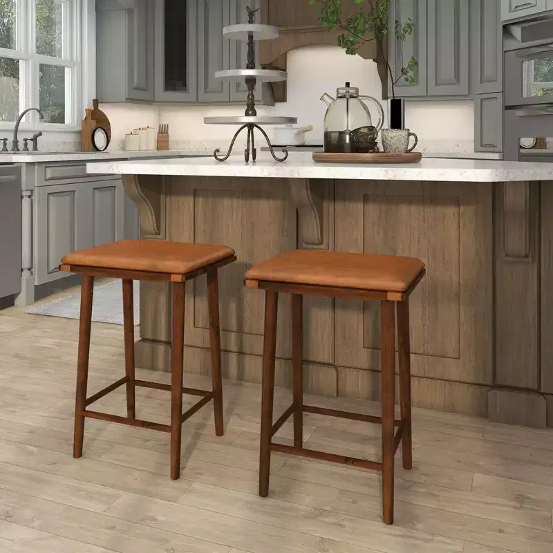 Costway 25.5 Barstool Set of 2 Dining Barstools w/ Footrest & Removable Cushion Rubber Wood & Acacia Wood Frame