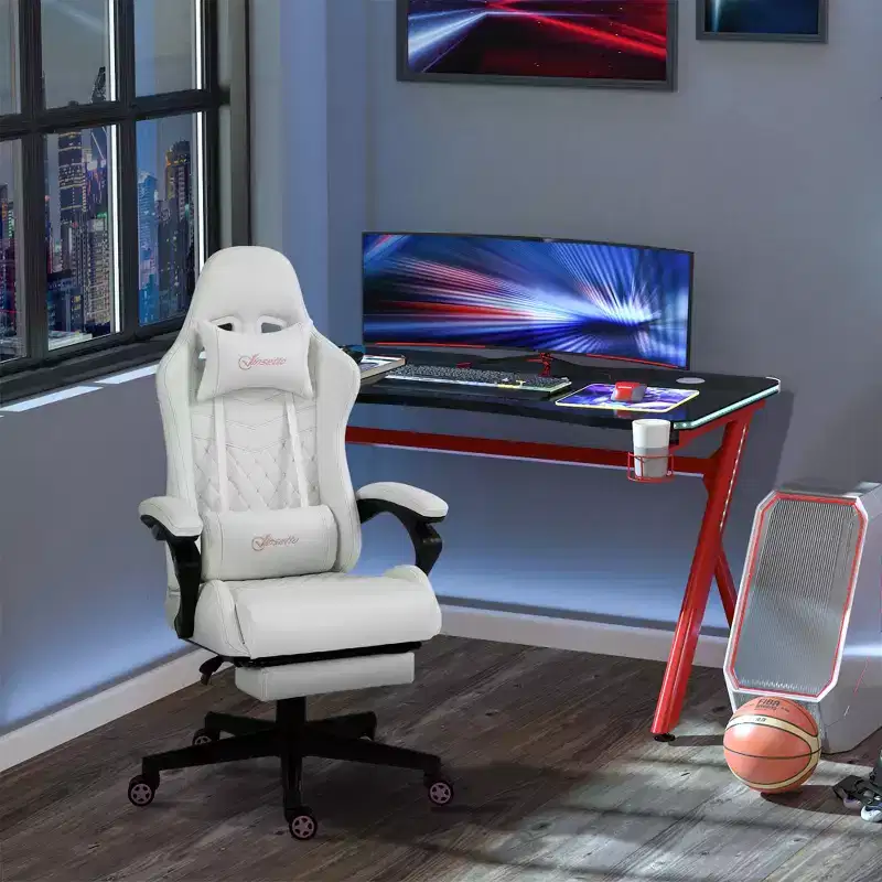 High Back PU Leather Gaming Chair, Racing Computer Chair with Swivel Wheels, Retractable Footrest, Headrest, Lumbar Support, and Armrest
