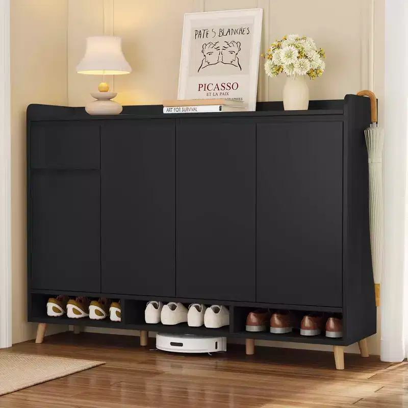 MAYEERTY Sleek Contemporary Shoe Cabinet with Adjustable Shelves, Solid Wood Legs Storage Sideboard, White
