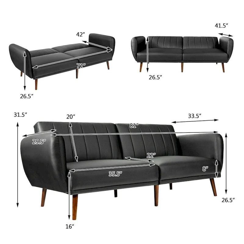 Convertible Sofa Bed with Adjustable Backrest and Faux Leather Upholstery