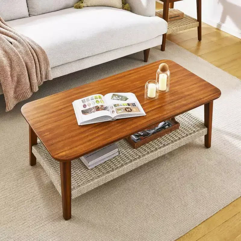 Farmhouse Coffee Table with Woven Shelf, 47