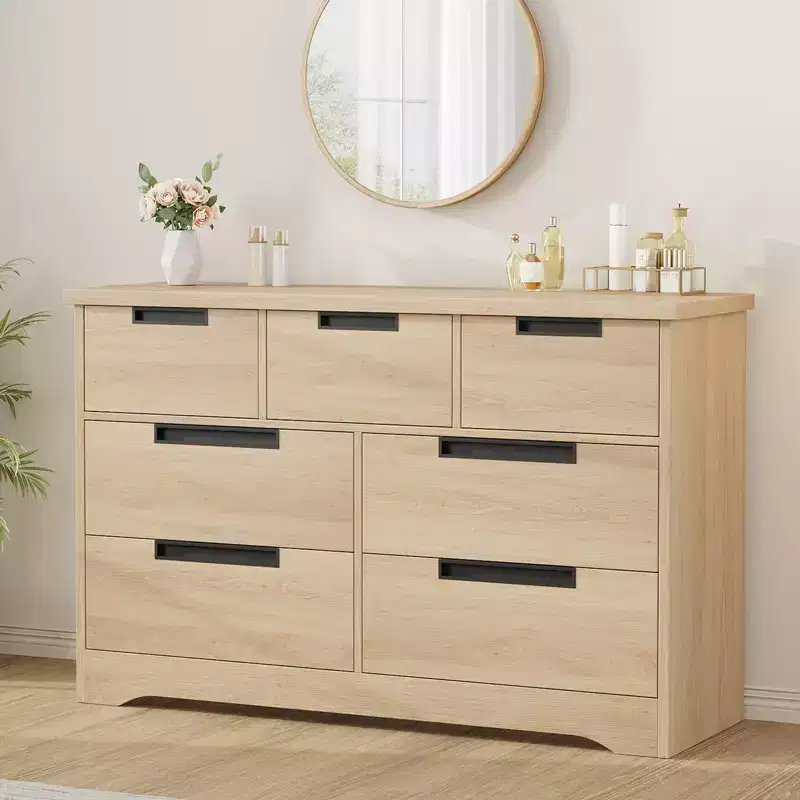 Minimalist 7-Drawer Bedroom Wardrobe, Natural Modern-Style Two-Door Storage Cabinet With Recessed Handles, Wood Construction