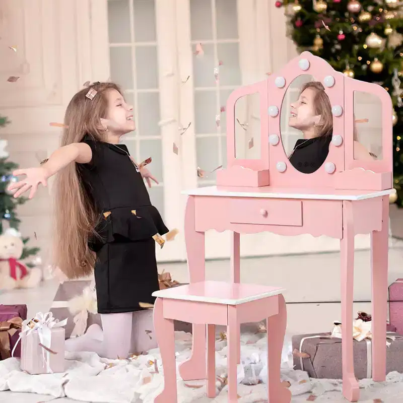 Kids Vanity with Lighted Mirror, Little Girls Vanity Table