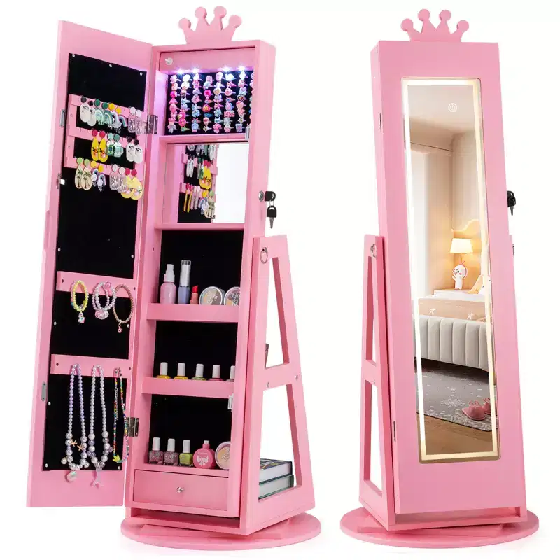 Costway Swivel Kids Jewelry Cabinet w/ Lights Full-Length Mirror & Built-in Mirror