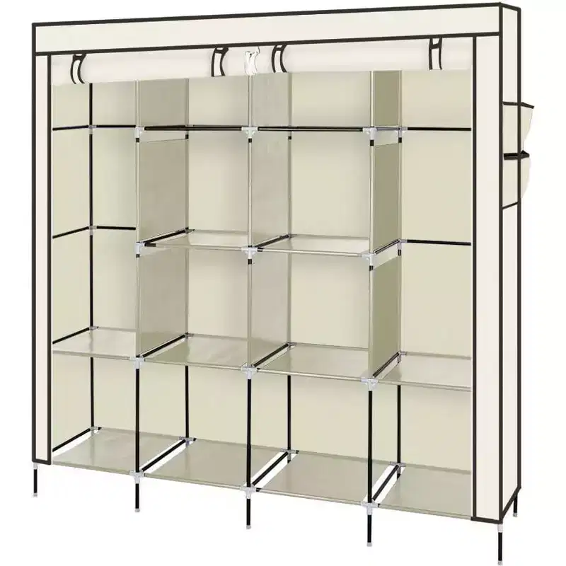 Non-Woven Fabric Wardrobe, 4-Row Tall Storage Cabinet with 4 Side Pockets, 169.5x44x168.5/181.5cm, Beige, for Home Dormitory