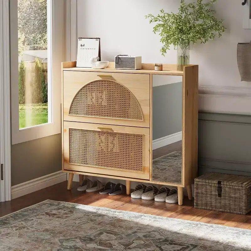 Natural Rattan Shoe Storage Cabinet, Freestanding Hidden Shoe Rack Cabinet with 2 Flip Drawers, Mirror & Adjustable Shelves for Entryway