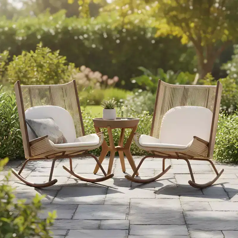 Christopher Knight Home Sunita Farmhouse 3 Piece Patio Dining Set with Acacia Wood Table and Iron Rocking Chairs