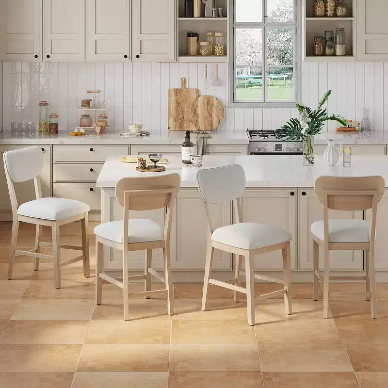 Solid Wood Farmhouse Upholstered Counter Height Bar Stools with Curved Back