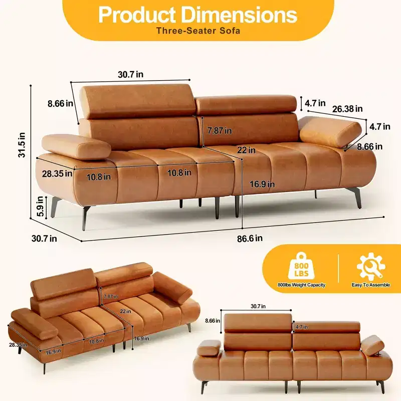 86 Faux Leather Futon Sofa Bed, 3-Seater Convertible Loveseat with Adjustable Backrest & 6-Position Headrest, for Living Room