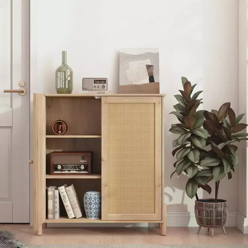 GDFStudio Elise Mid Century Modern Storage Cabinet with Woven Rattan Doors and Adjustable Shelves