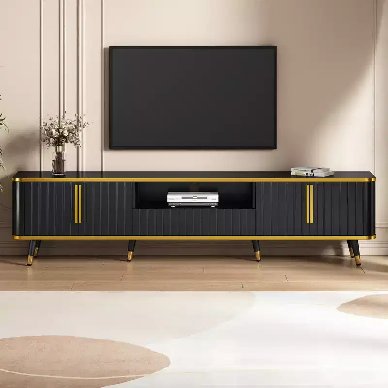 85 in Luxury Minimalism TV Stand, Modern Mid Century Entertainment Center with Open Storage Shelf,TV Console Table with Cabinets and Drawers