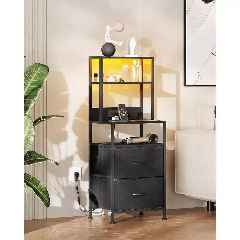 GALAXHERO Nightstand Set of 2 with Charging Station, LED Bedside Table with 2 Drawers Fabric Storage Dresser Modern Night Stand with Bluetooth Lights