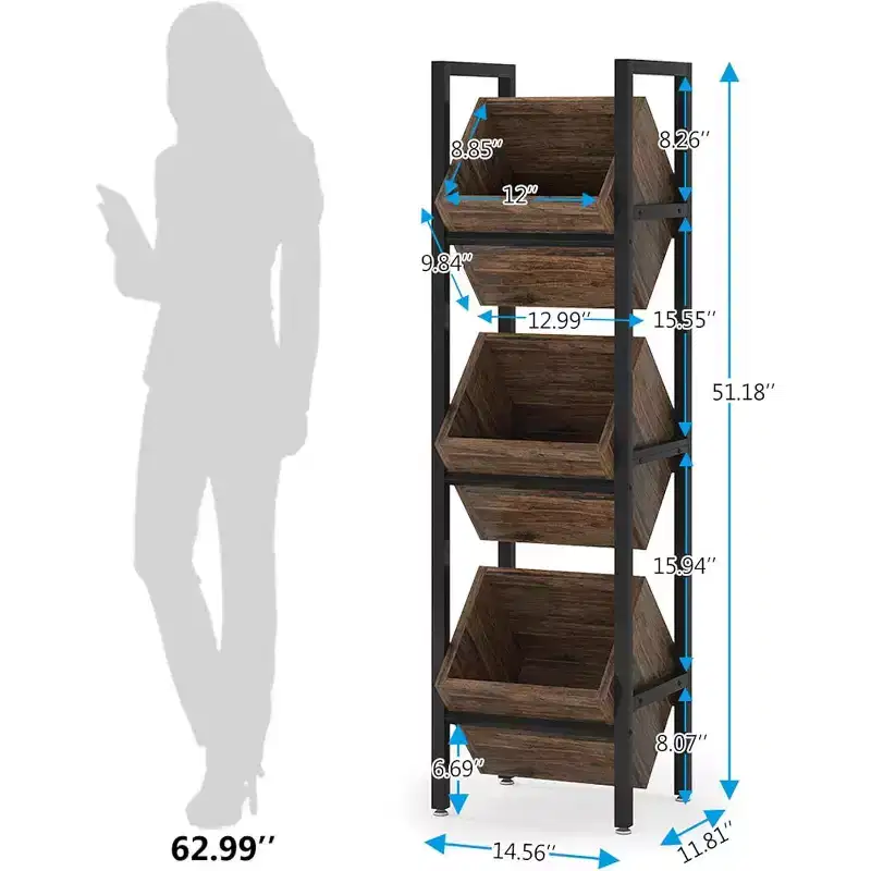 3 Tier Vertical Wood Bin Shelves