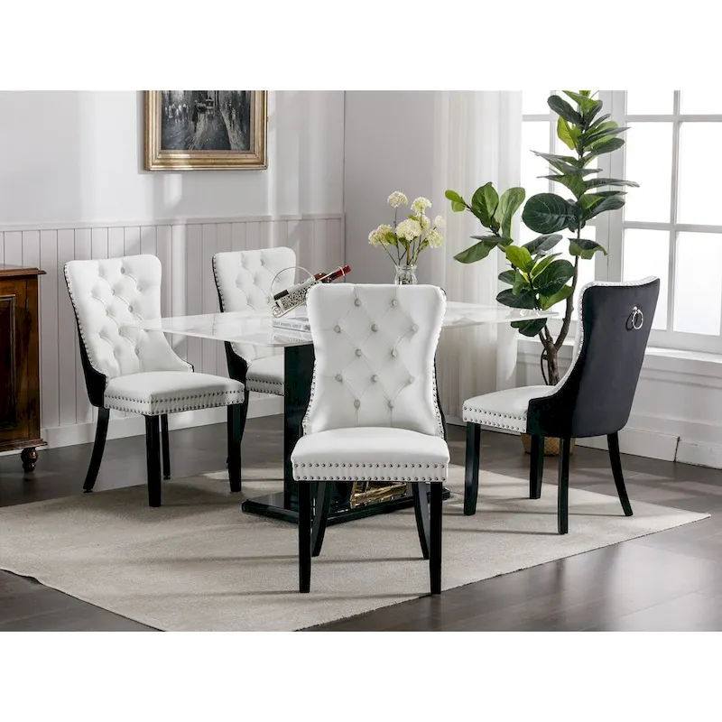 High Back Dining Chairs Set of 2, Upholstered PU Leather Kitchen Chairs Side Chair with Rear Handle Wood Legs