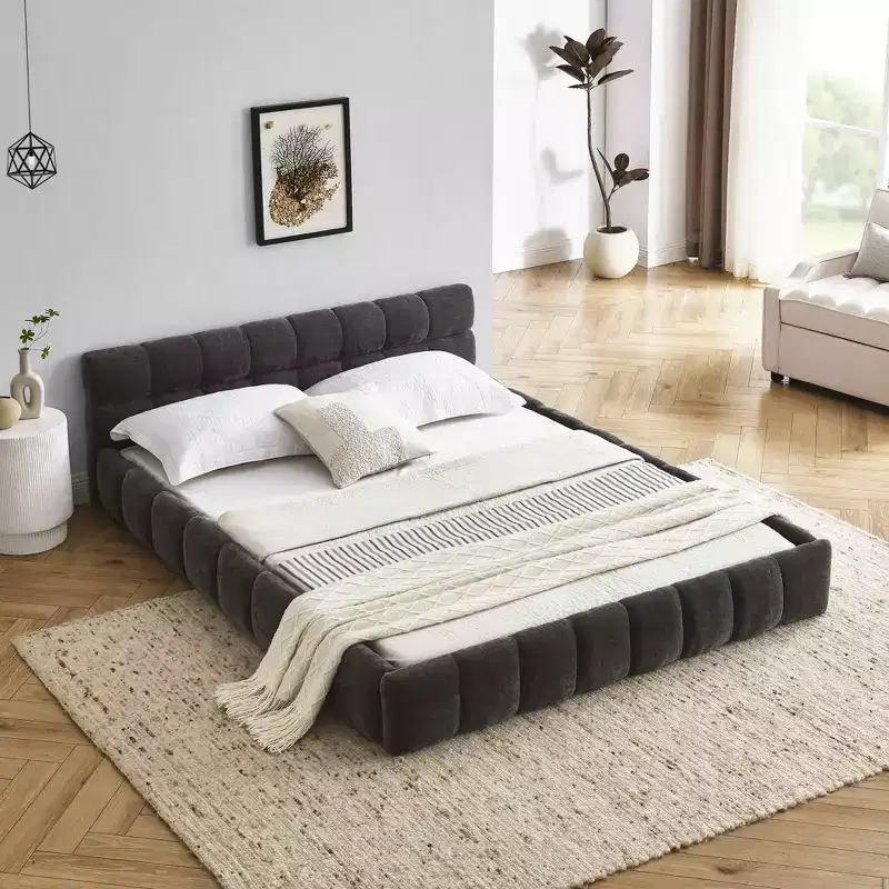MAYEERTY Queen Size Upholstered Bed Frame with Headboard Solid Frame Chenille Fabric Dark Gray