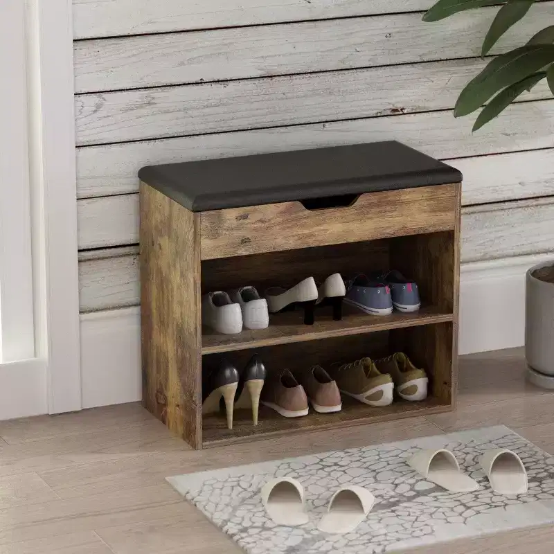 Shoe Bench with Double Shelf & Leather Cushion, Modern Lightweight Design, Holds 6 Pairs