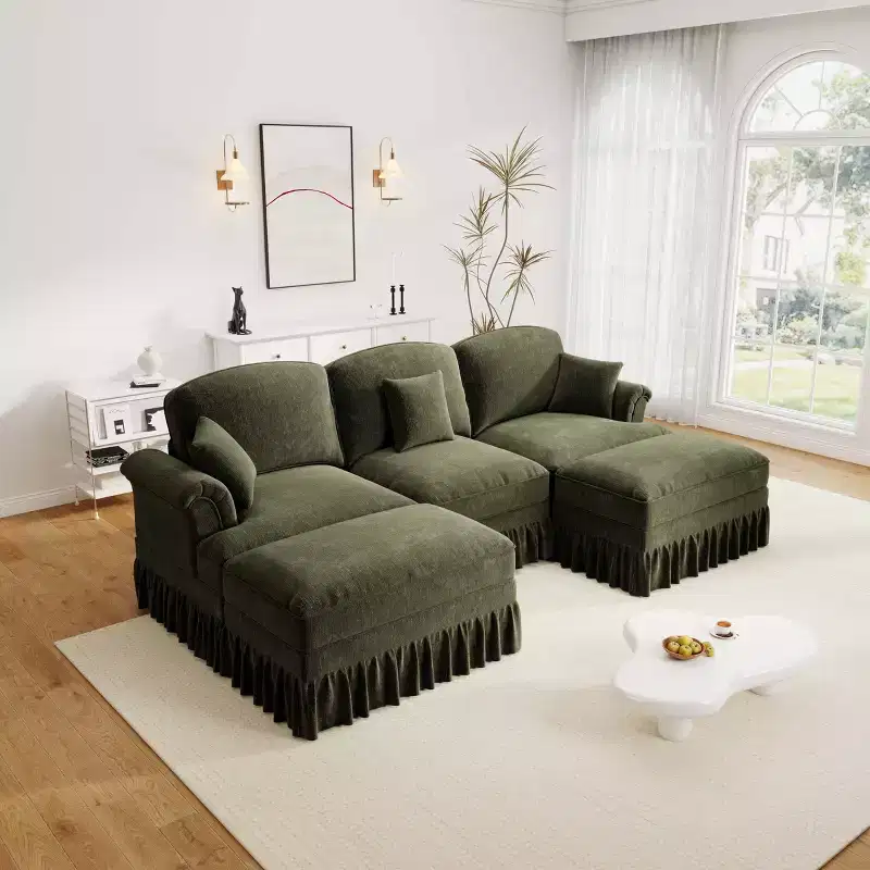 MooxvMoo 107in Chenille Midcentury Modern Sofa U Shaped Couch, with Detachable Ruffle Hem, Sectional Couches W/ Throw Pillows & 2 Ottoman, Green