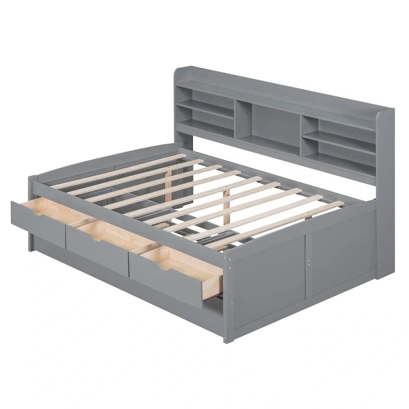 Full Pine Captain Bed with Shelves, Drawers & Trundle