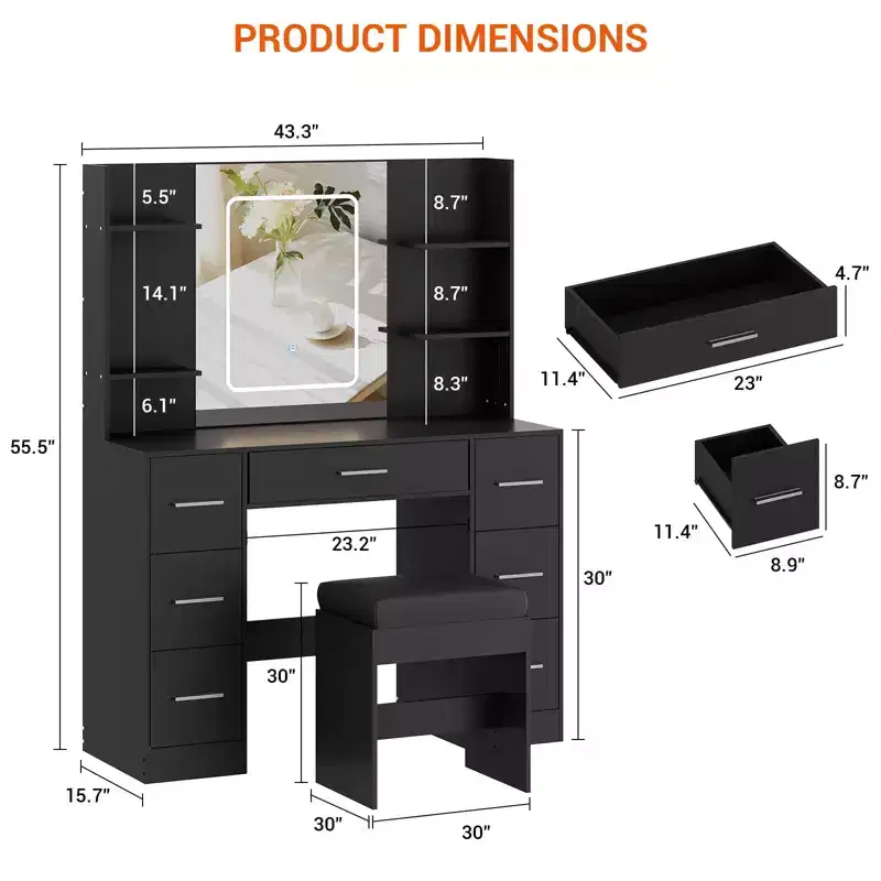 GustoWave Vanity Desk with Mirror, Led Lights, Power Outlet and Stool, Makeup Vanity Table with 7 Drawers, Dressing Table