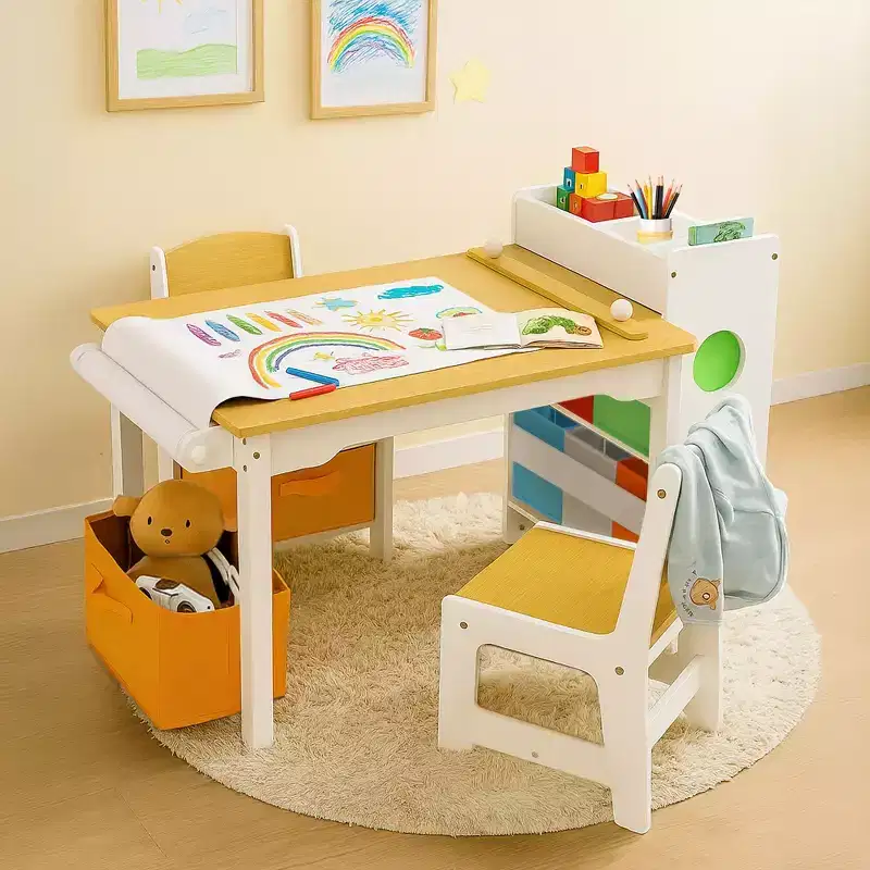 3-in-1 Kids Table & 2 Chairs with Storage, Removable Top & Blackboard, for Art, Crafts, Reading