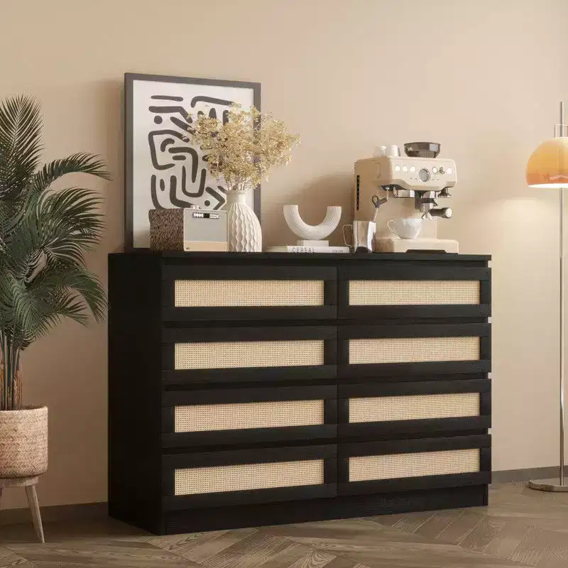 Large 8 Drawer Dresser for Bedroom, Modern Farmhouse Rattan Dresser, Slim Wood Chest of Drawers, Multifunctional TV Stand for Apartments, Small Spaces