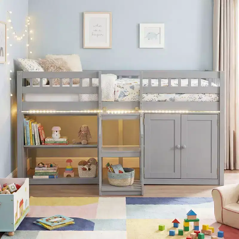 Twin Low Loft Bed with LED Light, Stairs & Guardrails, Modern Pine Wood Kids Bed, White/Mint/Gray