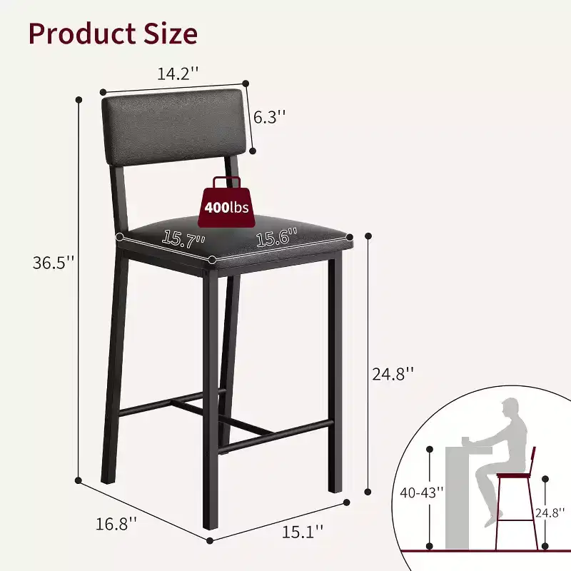 Bar Stools Set of 2, Counter Stools with Back and Thickened Metal Legs, Upholstered PU Leather Counter Height Barstools with Footrest