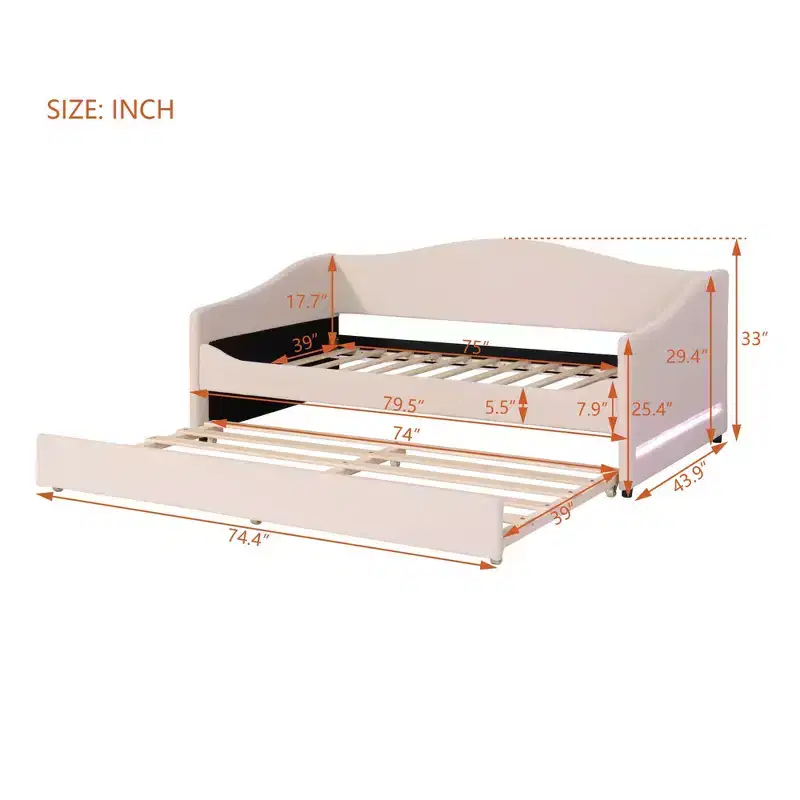 Luxystar Twin Size Teddy Fleece Upholstered Daybed with LED Light and Trundle