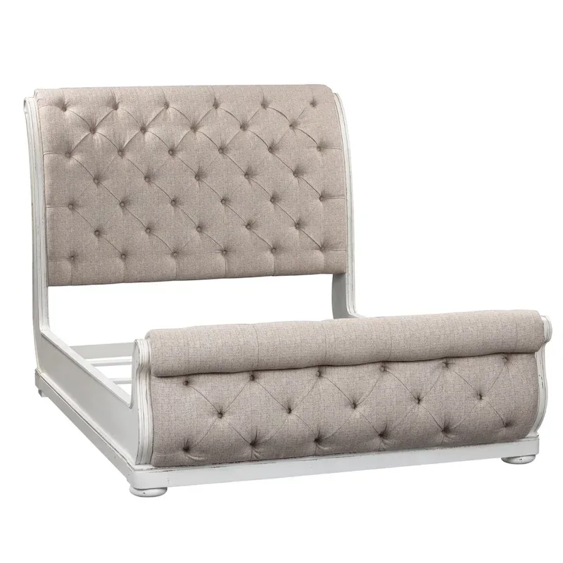 Magnolia Manor Antique White & Weathered Bark Upholstered Sleigh Bed, Dresser and Mirror Set