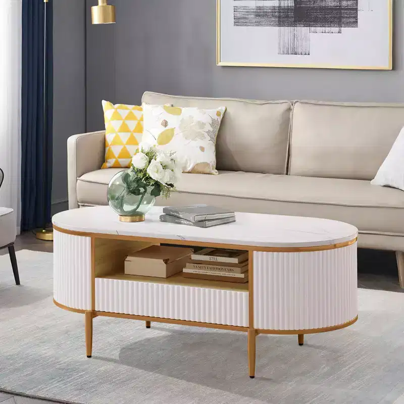Modern Luxury Fluted Coffee Table, 47.24 Oval Coffee Table with Storage, Faux Marble Top, Curved Profile Design,Gold Metal Legs and Handles, White