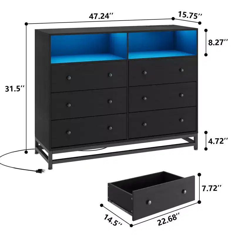 Zstar 47.2 In 6 Drawer Dresser for Bedroom with LED Lights & Charging Station