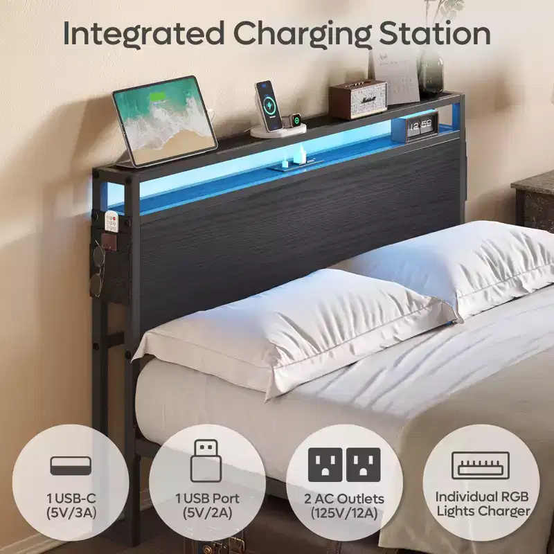Bestier Queen Bed Frame with Headboard,Dual LED Lights Platform Metal Bed Frame with Charging Station & 2-Tier Storage, Non-Slip,Noise-Free