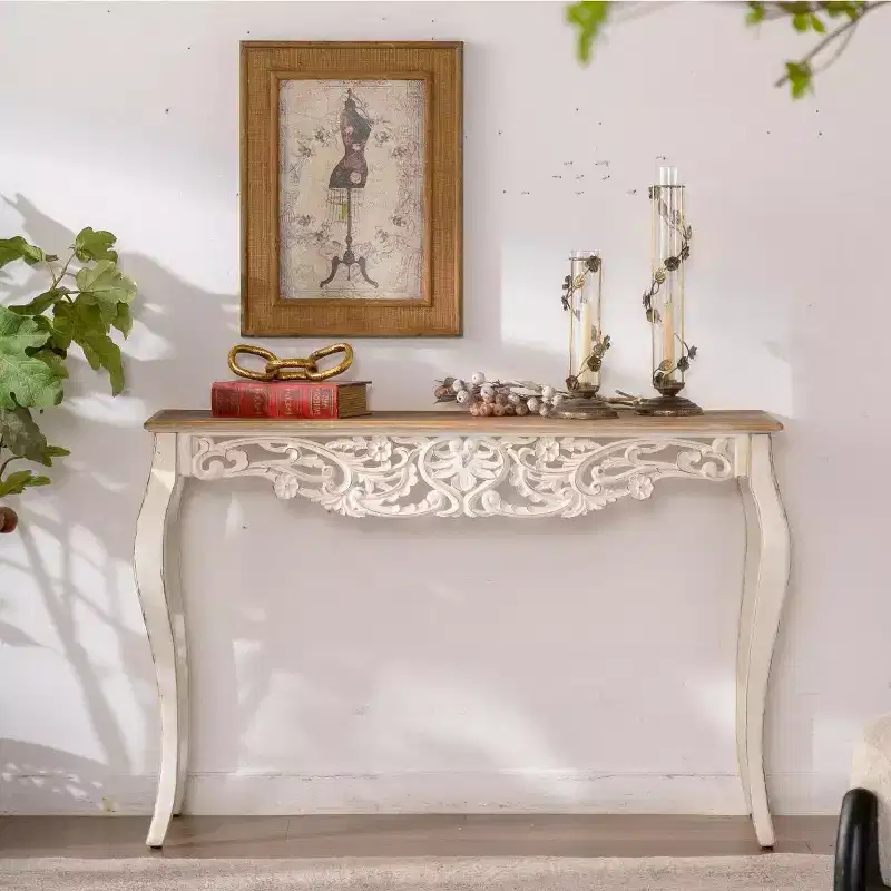 Antique Console Table White Distressed Entryway Table Vintage Sofa Side Table French Country Accent Table with Curved Legs - ModernLuxe