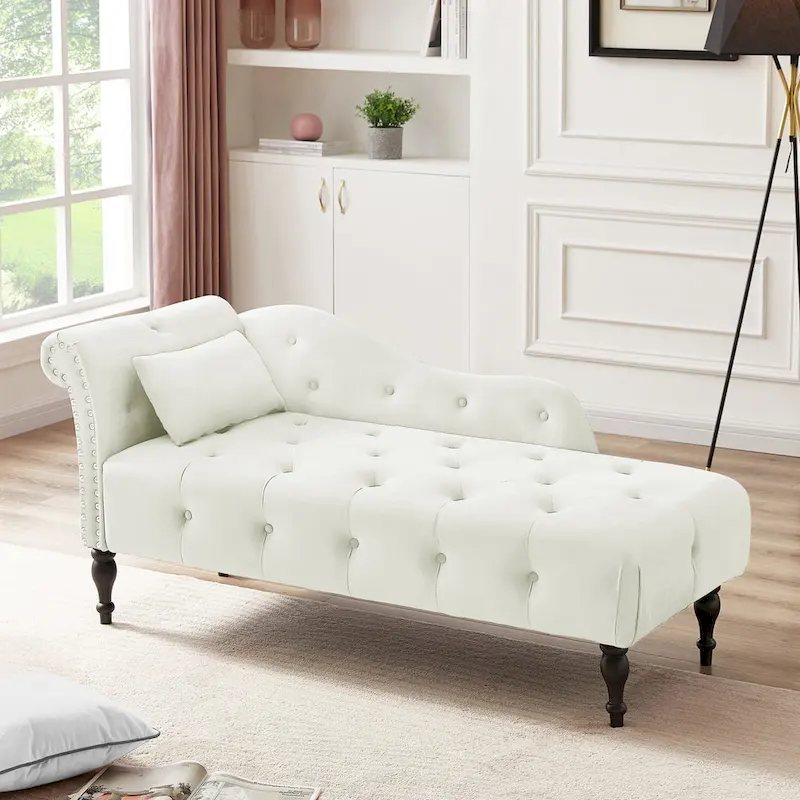 Modern 60.6  Velvet Upholstered Buttons Tufted Chaise Lounge Chair with Solid Wood Legs and Nailheads