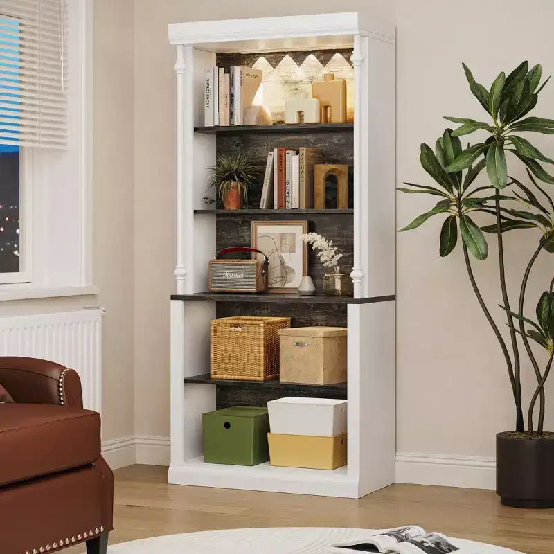 White & Dark Grey 5-Tier Bookshelf with LED Lighting, Roman Column Style, 71