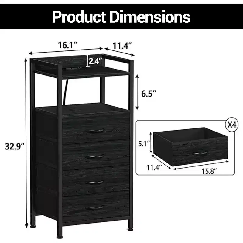 Fabric Chest of Drawers Bedroom 4 Drawers Storage Unit with Sturdy Steel Frame, Dresser Drawers with Open Storage Shelf Nightstand for Home, Office