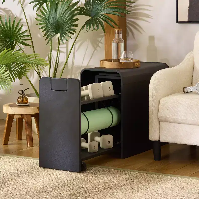 Black / Oak / White Rolling Sports Equipment Rack, Metal & MDF, Floor Storage