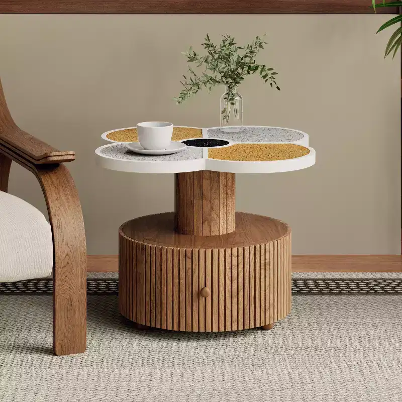 Christopher Knight Home Evelyn Modern Stone-Look Resin Four-Leaf Clover Accent Side Table with Wood Base and Storage Drawer