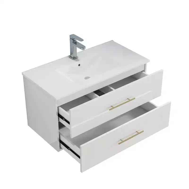 Bathroom Vanity Wall-Mounted with Sink, Double Drawers, Ceramic Sink, Long Metal Handle, Easy to Install