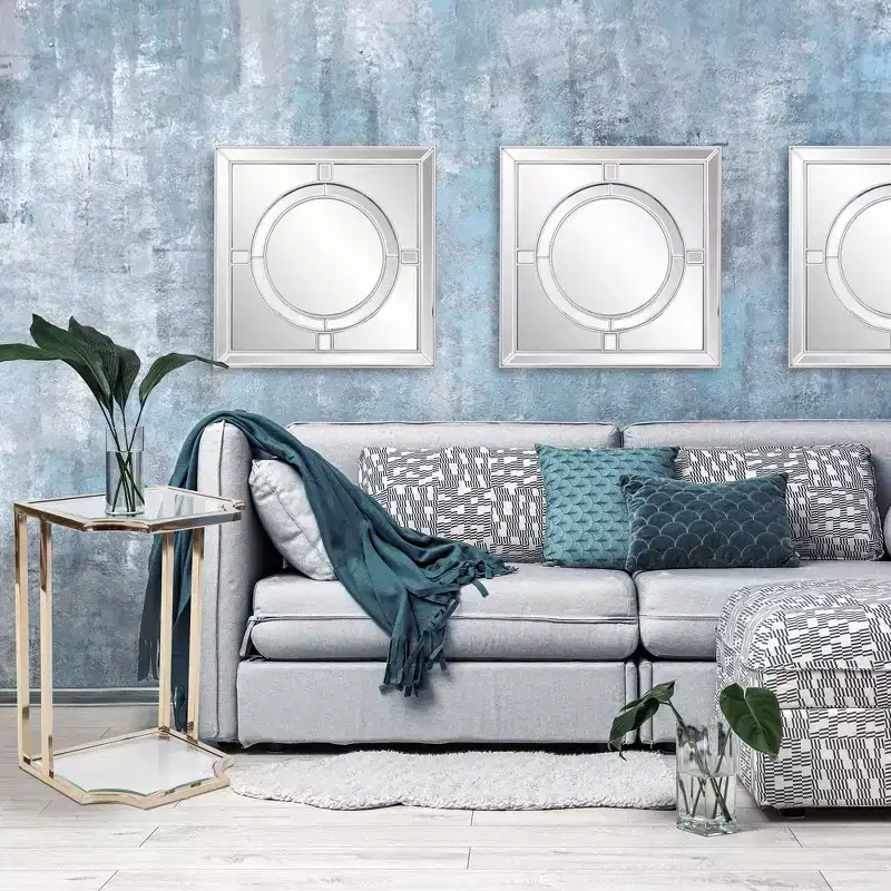 20"x20" Square Wall Mirror: Champagne Silver Leaf Trim, Art Deco Style, Wall Mount