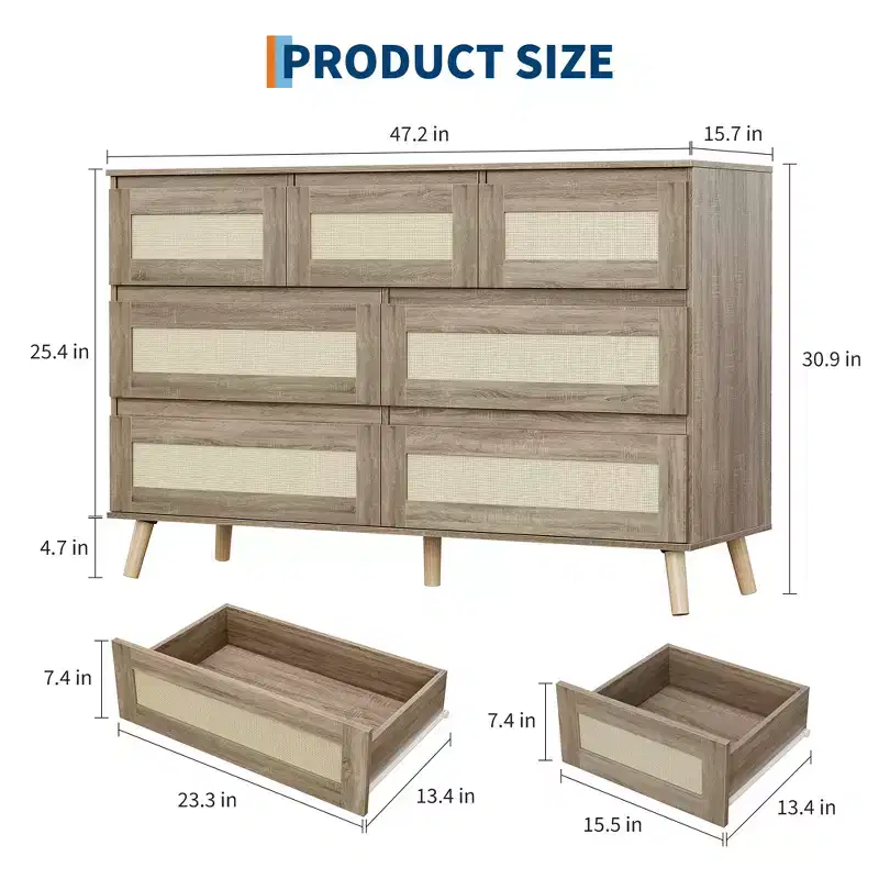 Modern Rattan 7-Drawer Dresser,Wooden Storage Cabinet Chest for Bedroom, Nursery, Living Room or Entryway Clothes Organization
